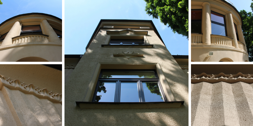 Villa Hahn | Die verzierten Lisenen an den Gebäudeecken sowie der zur Parkseite gelegene halbrunde Erker mit Balkon wurden sorgfältig restauriert.