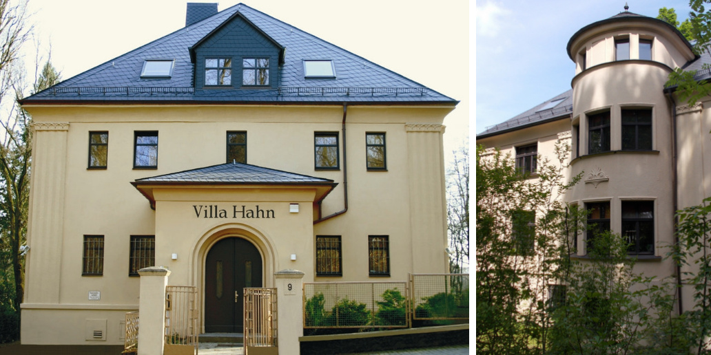 Villa Hahn | Der Villenbau vereint mit seiner anspruchsvollen symmetrischen Fassadengestaltung den damals aufkommenden sachlicheren Baustil mit den traditionellen Elementen des Neoklassizismus.